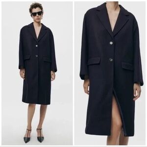 NWT Zara Wool Blend Oversized Long Coat Navy Blue Minimalist Chic Sz XS-S